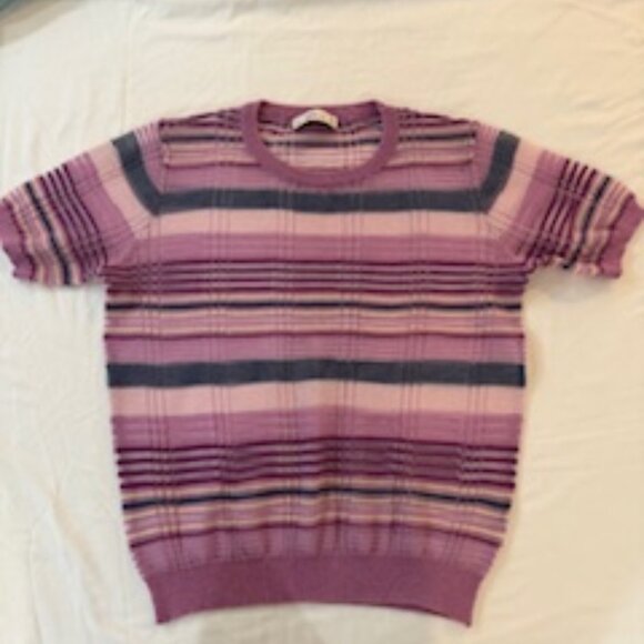 Zara Semi Sheer Tulle Pink Striped Knit Short Sleeve Top Sz Medium - Picture 1 of 2